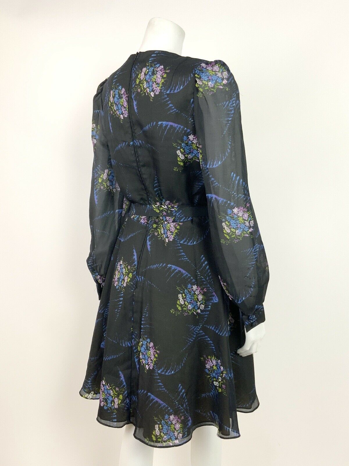 VINTAGE 60s 70s BLACK BLUE PURPLE GREEN FLORAL SHEER FLOATY DRESS 10