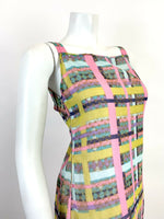 VINTAGE 60s 70s BLUE PINK YELLOW CHECKED BATIK MOD SHEER STRAPPY MINI DRESS 6 8