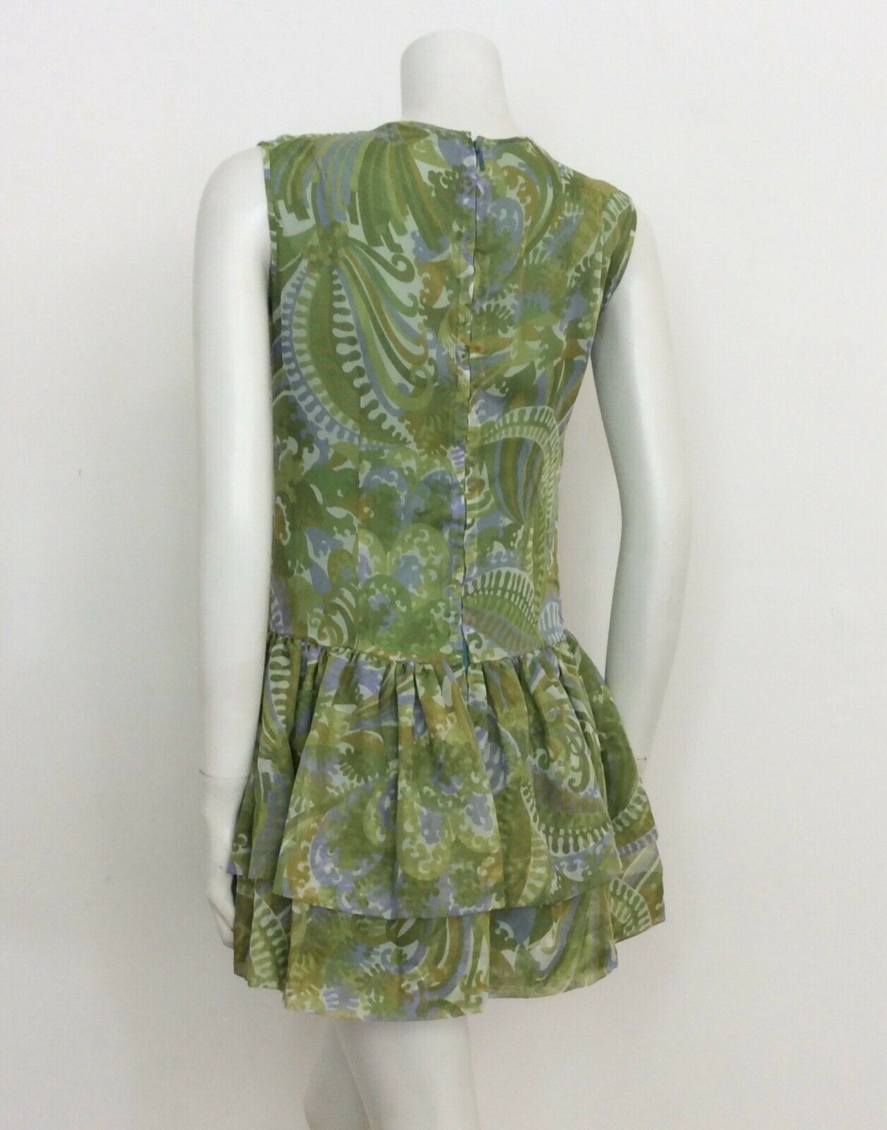 VINTAGE 60S GREEN BLUE PAISLEY DROP WAIST DRESS 12