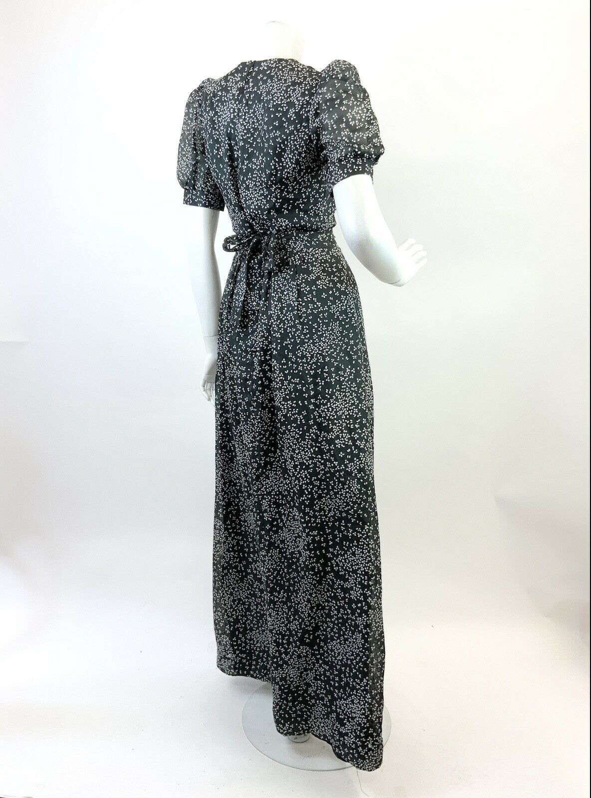 VINTAGE 60s 70s BLACK WHITE DITSY PUFF SLEEVE BOHO PRAIRIE SHEER MAXI DRESS 6 8