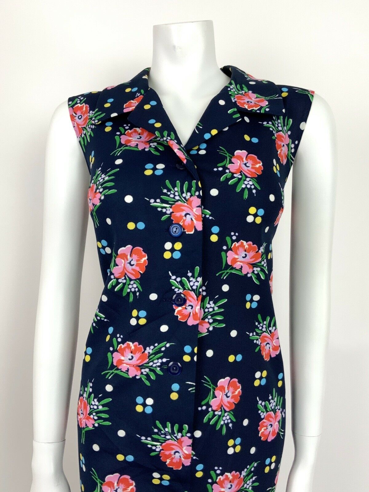 VTG 60s 70s FLORAL POLKA DOT BLUE PINK YELLOW GREEN SHIRT SHIFT DRESS 12