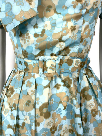 VTG 50s 60s BLUE BEIGE BROWN BELTED PSYCHEDELIC FLORAL PLEATED TEA DRESS 10