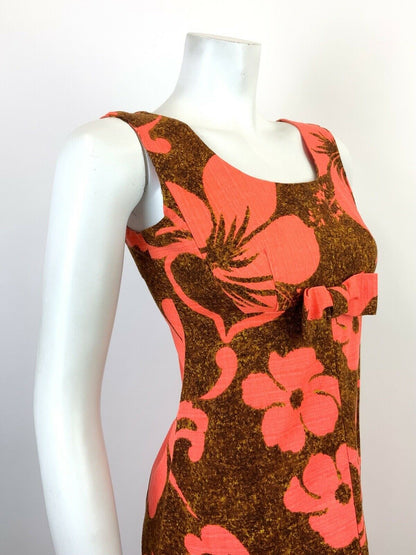 VINTAGE 60s 70s BROWN ORANGE FLORAL HAWAIIAN EMPIRE MOD SLEEVELESS DRESS 6 8