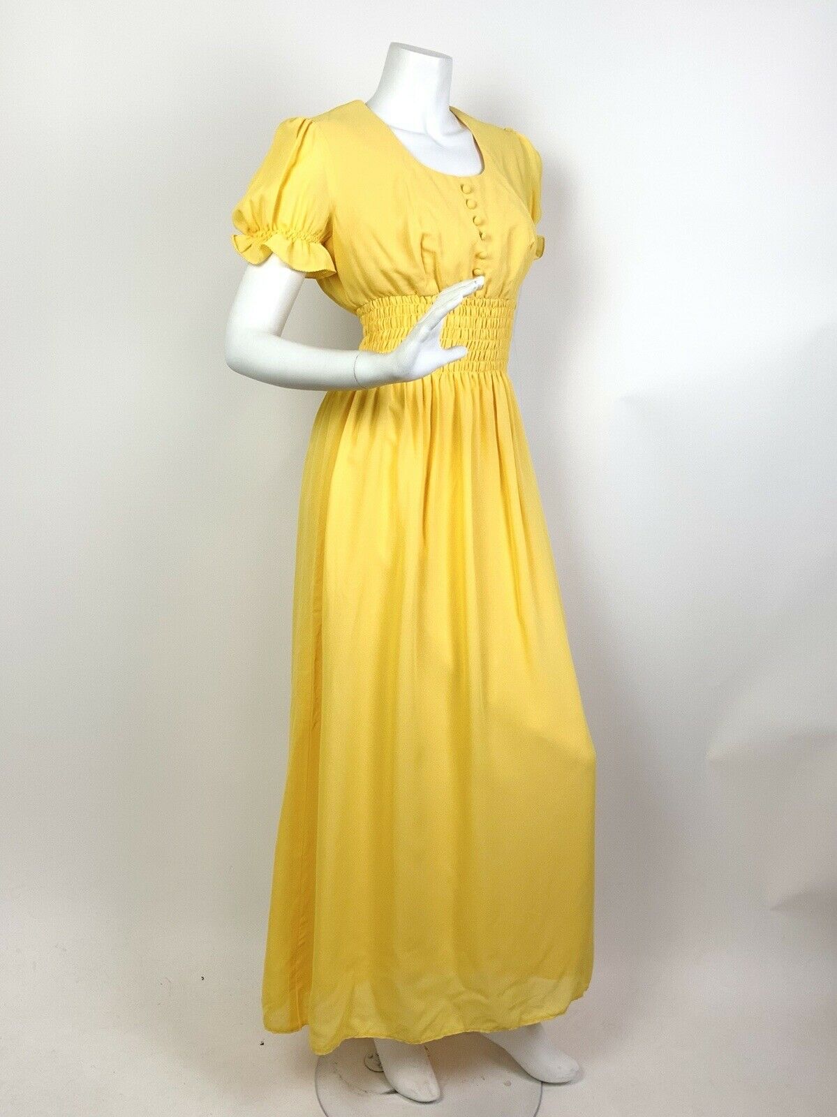 VINTAGE 60s 70s SUNSHINE YELLOW PUFF SLEEVE PRAIRIE BOHO MAXI DRESS 10 12