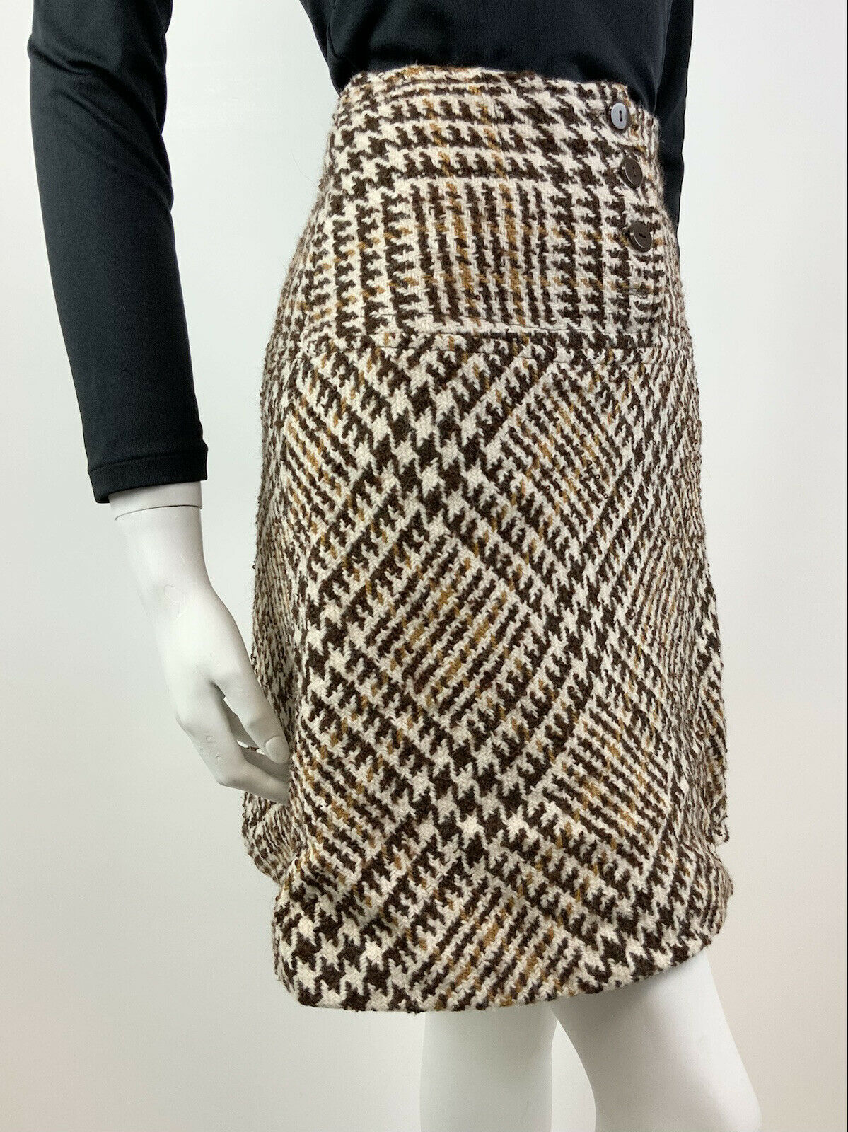 VINTAGE 60s 70s BROWN WHITE GOLD GEN CHECKED PLAID WOOL MOD SHORT SKIRT 4 6