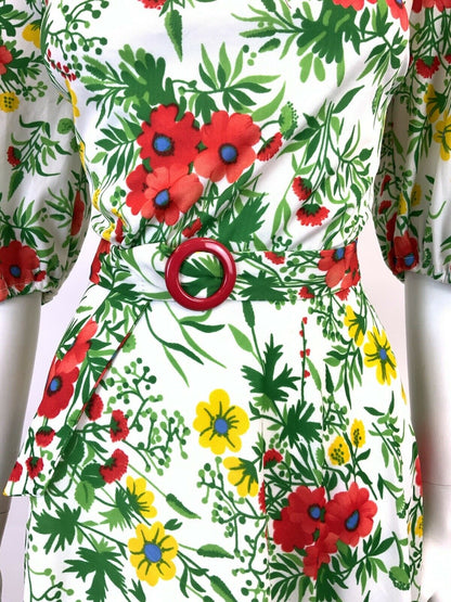 VINTAGE 60s 70s WHITE GREEN RED YELLOW FLORAL GARDEN PARTY BLOUSON DRESS 10