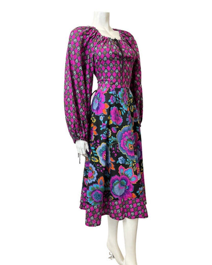 VINTAGE 60s 70s PURPLE BLACK BLUE PSYCHEDELIC FLORAL BOHO PRAIRIE MIDI DRESS 12