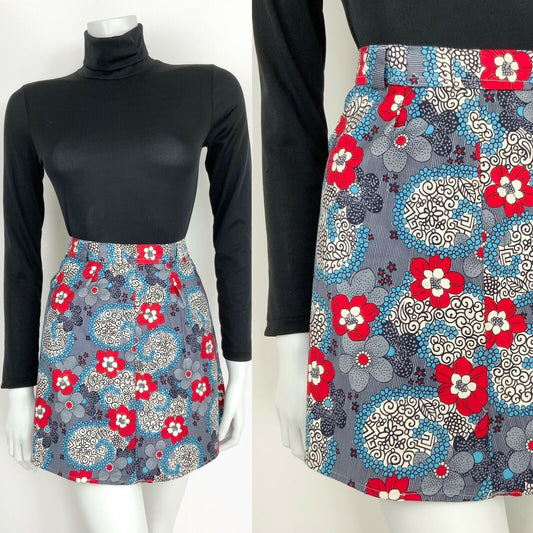 VINTAGE 60s 70s NAVY BLUE WHITE RED PSYCHEDELIC FLORAL MINI SKIRT 10