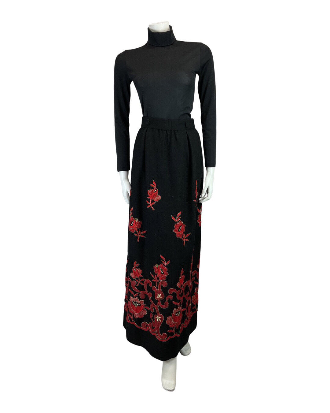 VINTAGE 60s 70s BLACK RED FLORAL EMBROIDERED BOHO FOLK WOOL MAXI SKIRT 6