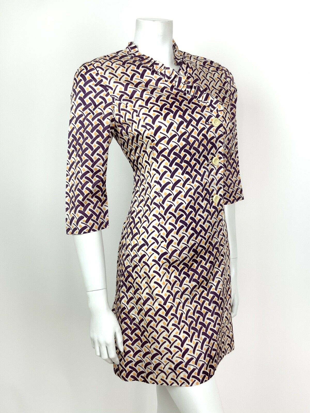 VINTAGE 60s 70s WHITE PURPLE YELLOW GEOMETRIC RUFFLE MOD SHIFT DRESS 8 10