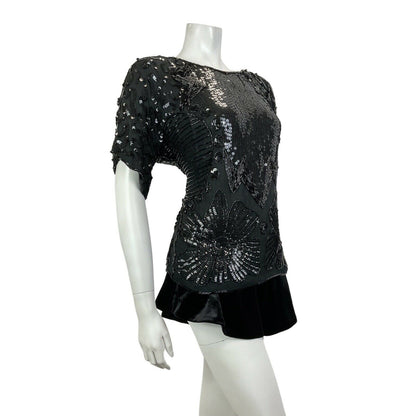 VINTAGE 70s 80s BLACK FLORAL GEOMETRIC DECO SEQUIN BEADED DISCO PARTY TOP 16 18