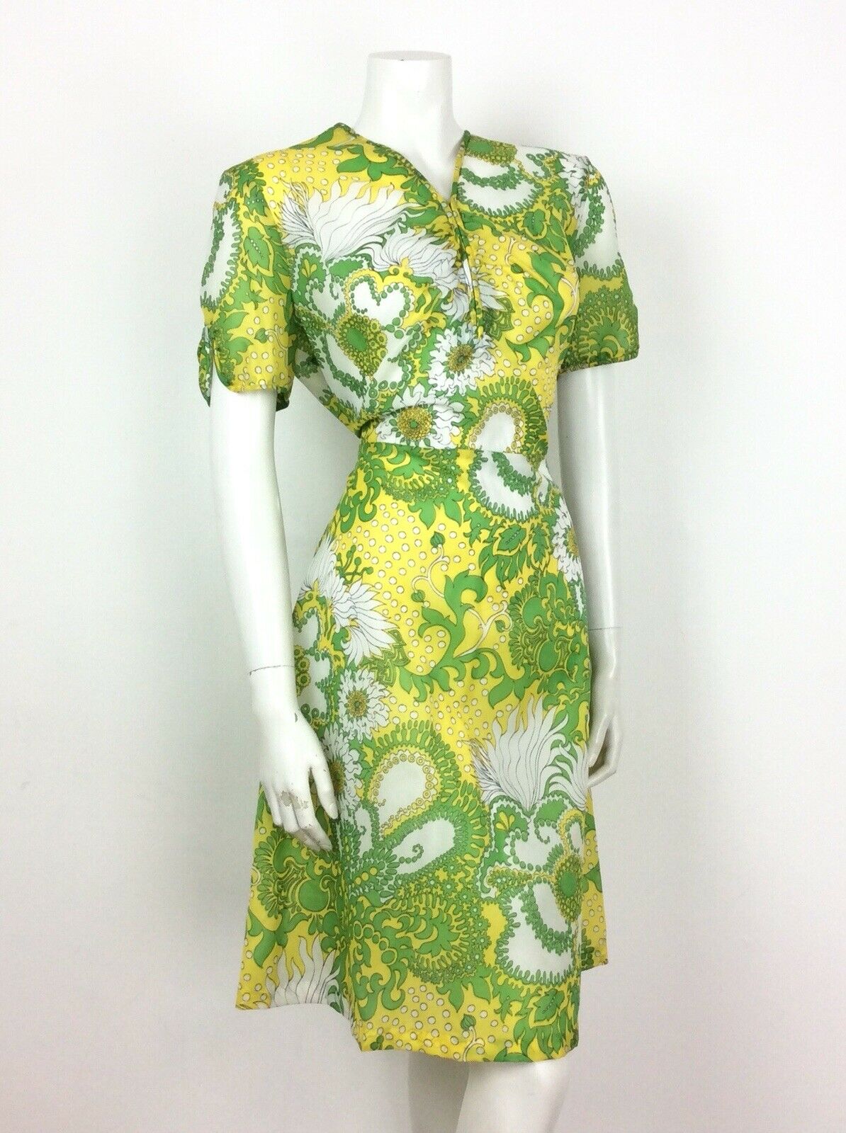 PSYCHEDELIC 70S VINTAGE YELLOW GREEN WHITE FLORAL DRESS 14