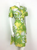 PSYCHEDELIC 70S VINTAGE YELLOW GREEN WHITE FLORAL DRESS 14