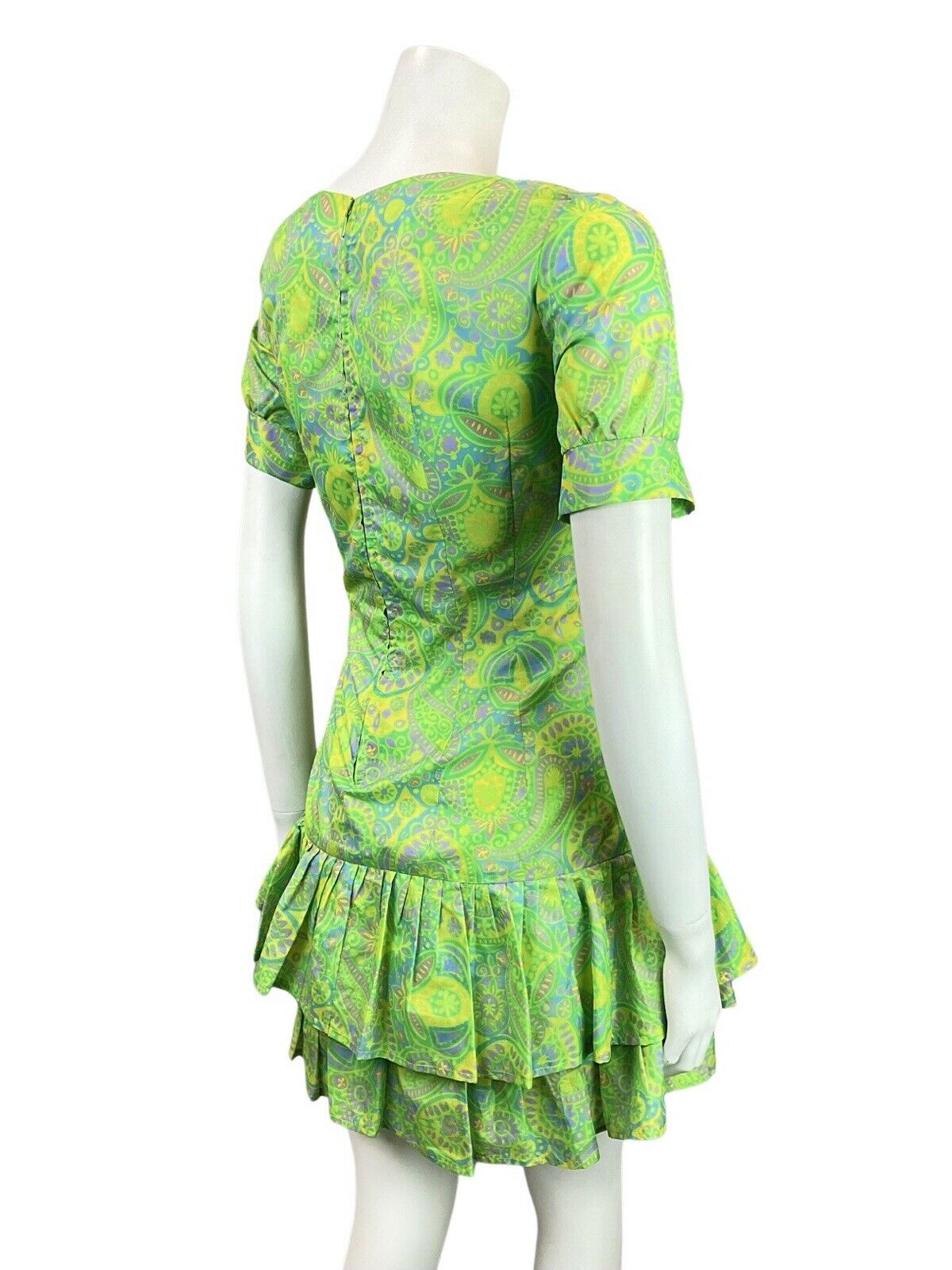 VTG 60s 70s GREEN LILAC YELLOW PSYCHEDELIC PAISLEY RUFFLED MOD MINI DRESS 12 14