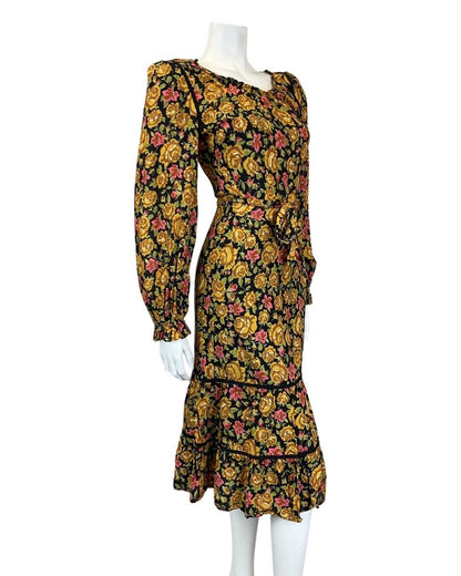 VINTAGE 60s 70s GOLD BLACK PINK FLORAL ROSE BOHO PRAIRIE LONGSLEEVE MIDI DRESS 6