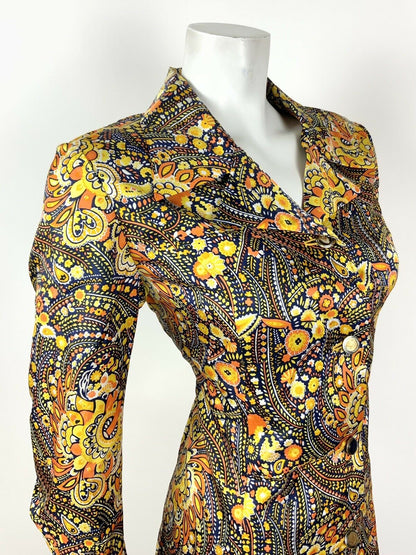 VINTAGE 60s 70s YELLOW ORANGE WHITE BLUE PSYCHEDELIC FLORAL SHIRT DRESS 12 14