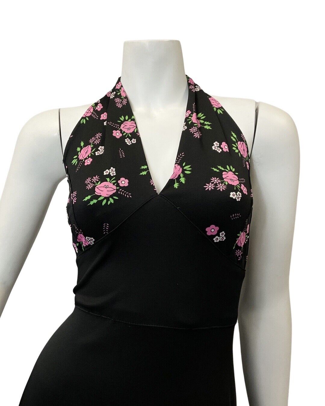 VINTAGE 60s 70s BLACK PINK GREEN FLOWER DAISY ROSE MOD HALTER MAXI DRESS 10