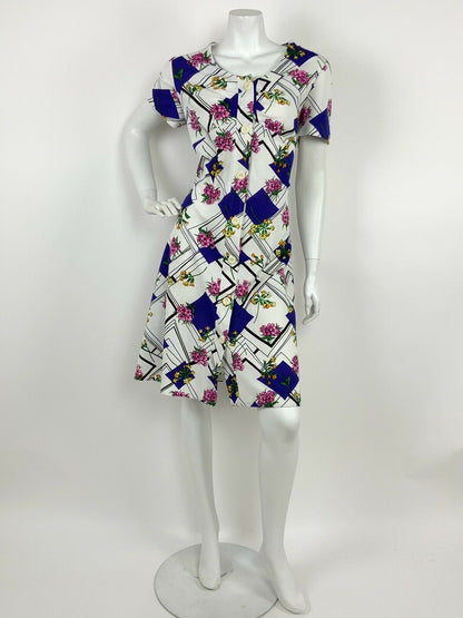 VINTAGE 60s 70s WHITE BLACK PURPLE PINK STRIPED GEOMETRIC FLORAL DRESS 16 18