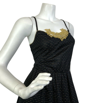 VINTAGE 60s 70s BLACK GOLD STRIPED FLORAL LACE PARTY STRAPPY MAXI DRESS 8 10