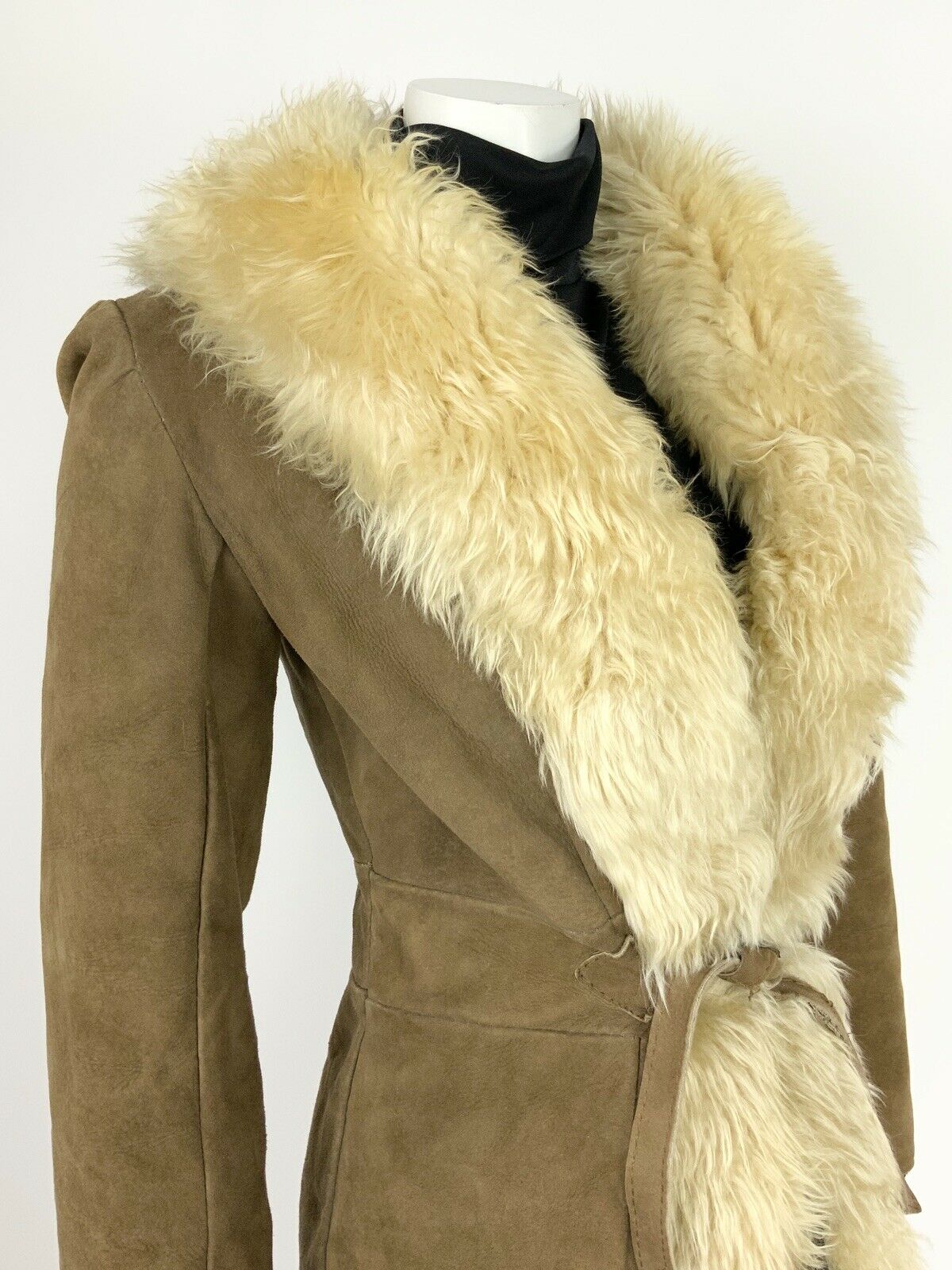 VINTAGE 60s 70s BROWN CREAM SUEDE SHEARLING AFGHAN FUR TRIM BOHO HIPPY COAT 8 10