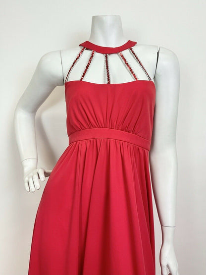 VTG 60s 70s CHERRY RED SILVER SEQUIN STUDIO 54 DISCO PARTY MAXI HALTER DRESS 8