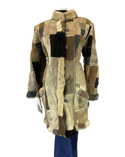 VINTAGE 70s 80s BROWN GREY PATCHWORK BOHO SUEDE LEATHER SHEARLING COAT 14