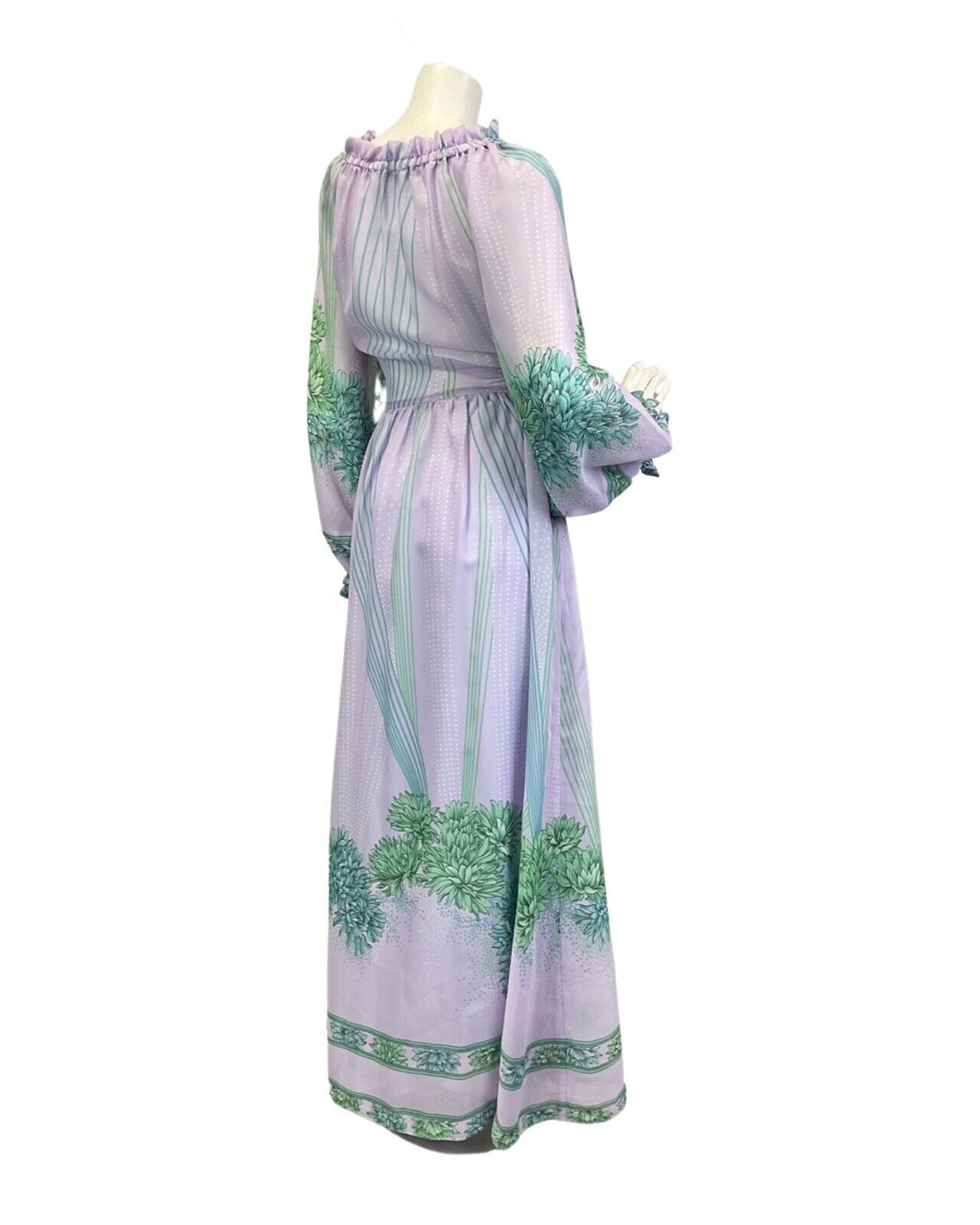 VINTAGE 60s 70s LILAC GREEN BLUE FLORAL BOHO PRAIRIE SUMMER MAXI DRESS 10 12