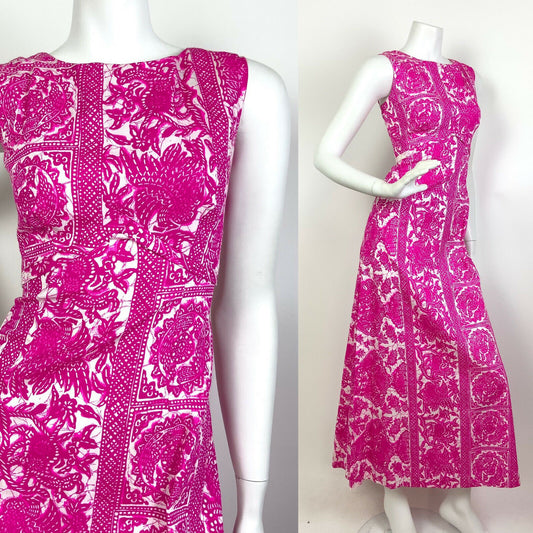 VINTAGE 60s 70s PINK WHITE FLORAL LACE HAWAIIAN PSYCHEDELIC COTTON MAXI DRESS 8