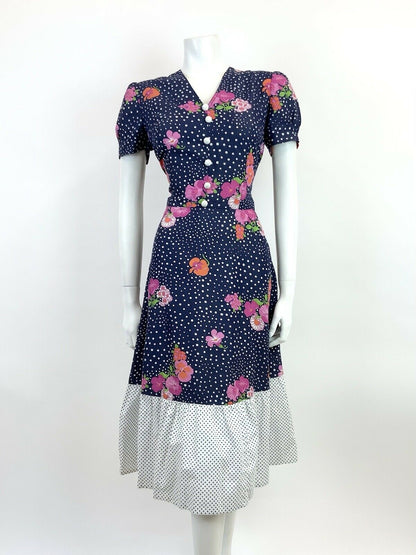 VINTAGE 60s NAVY BLUE WHITE PINK POLKA-DOT FLORAL RUFFLED MIDI DRESS 12