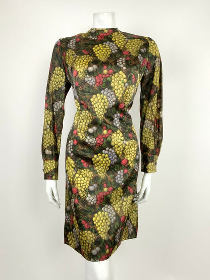 VTG 60s 70s BROWN RED YELLOW GREEN GRAPES BERRIES FLORAL SHIFT DRESS 10 12 14