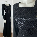 VINTAGE 60S BLACK SEQUIN CHEVRON EVENING PARTY MAXI DRESS 8 10