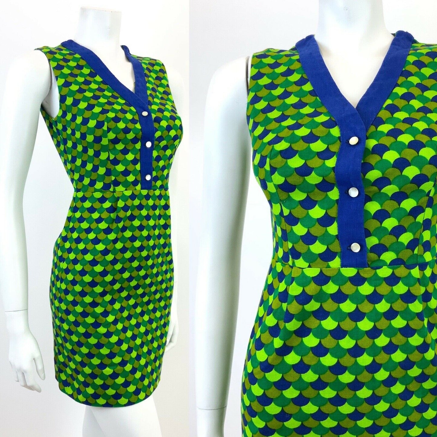 VINTAGE 60s 70s LIME FOREST GREEN BLUE SCALES MOD SLEEVELESS MINI DRESS 8