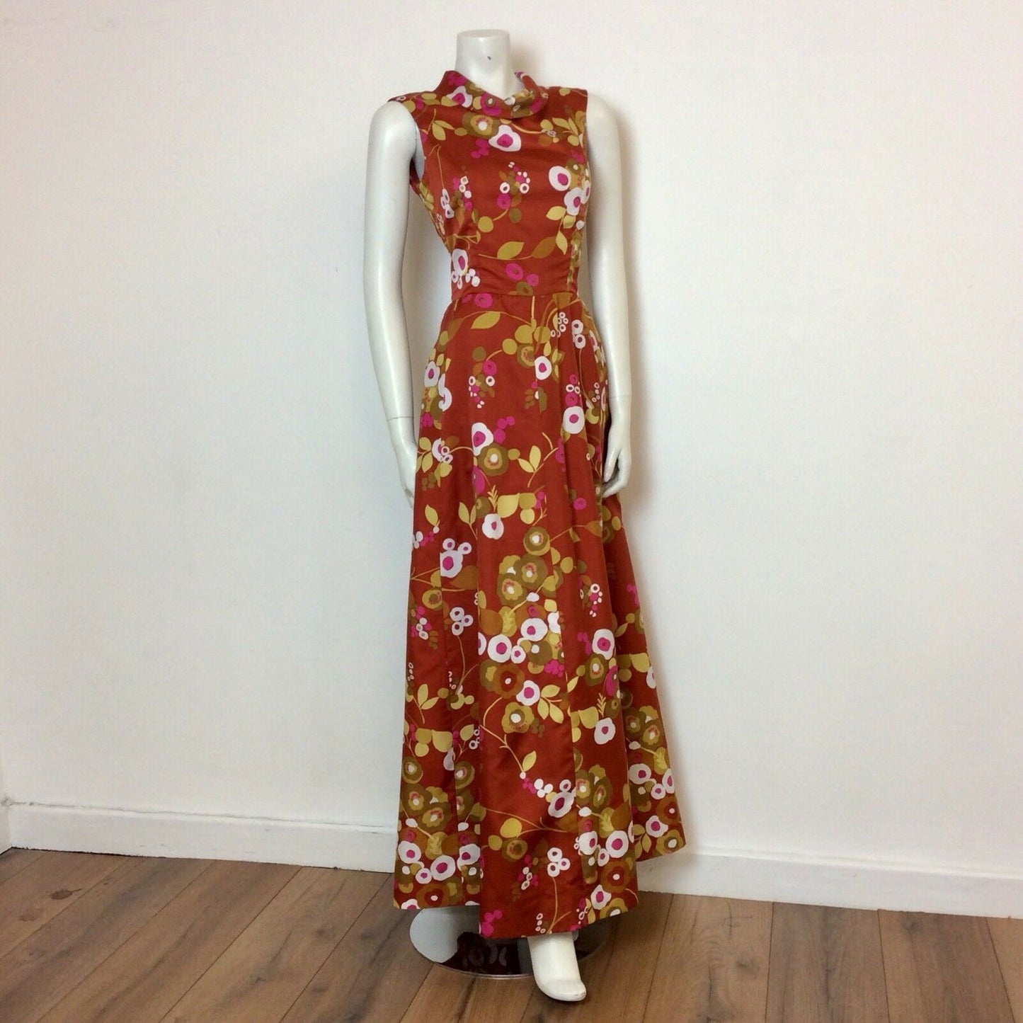 VINTAGE 1970S RUST SATEEN ABSTRACT FLORAL PRINT MAXI DRESS 10 12