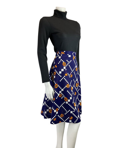 VINTAGE 60s 70s BLUE WHITE ORANGE GEOMETRIC FLORAL MOD MIDI SKIRT 8