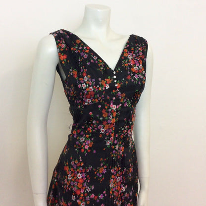 VINTAGE 1970s SLEEVELESS BLACK DITSY FLORAL MAXI DRESS DIAMANTE BUTTONS 8 10