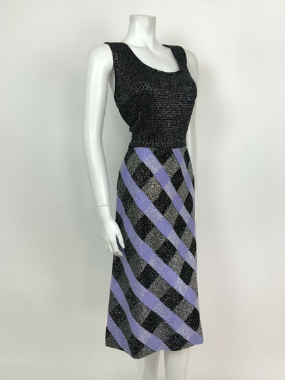 VINTAGE 60s 70s BLACK PURPLE SILVER LUREX CHECKED DISCO PARTY DRESS 10 12