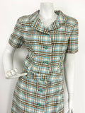 VINTAGE 60s 70s CREAM BLUE BROWN TARTAN PLAID MOD SHIRT COLLAR DRESS 12