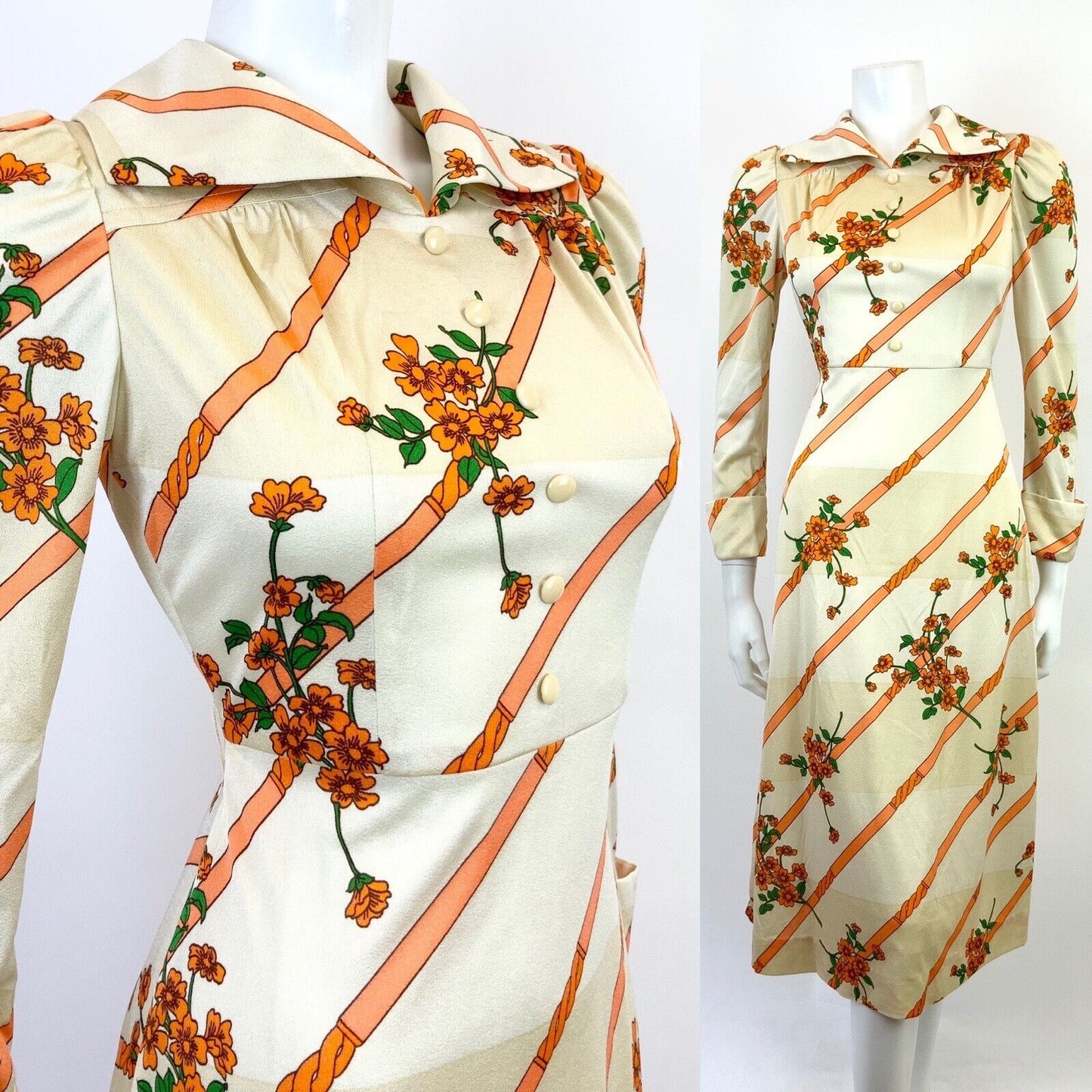 VINTAGE 60s 70s CREAM GOLD ORANGE STRIPED FLORAL ELEGANT WING COLLAR DRESS 8