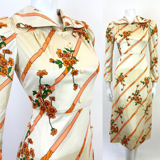 VINTAGE 60s 70s CREAM GOLD ORANGE STRIPED FLORAL ELEGANT WING COLLAR DRESS 8