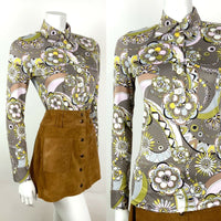 VTG 60s 70S STYLE 90s GREY PINK GREEN BLACK FLORAL PSYCHEDELIC DAGGER BLOUSE 10