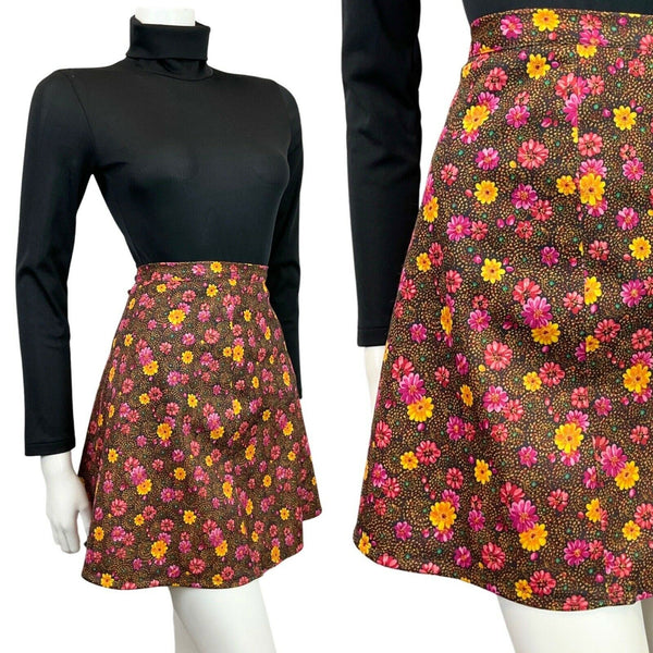 VINTAGE 60s 70s BROWN PINK YELLOW DOTTY FLORAL A-LINE SHORT SKIRT 8 10