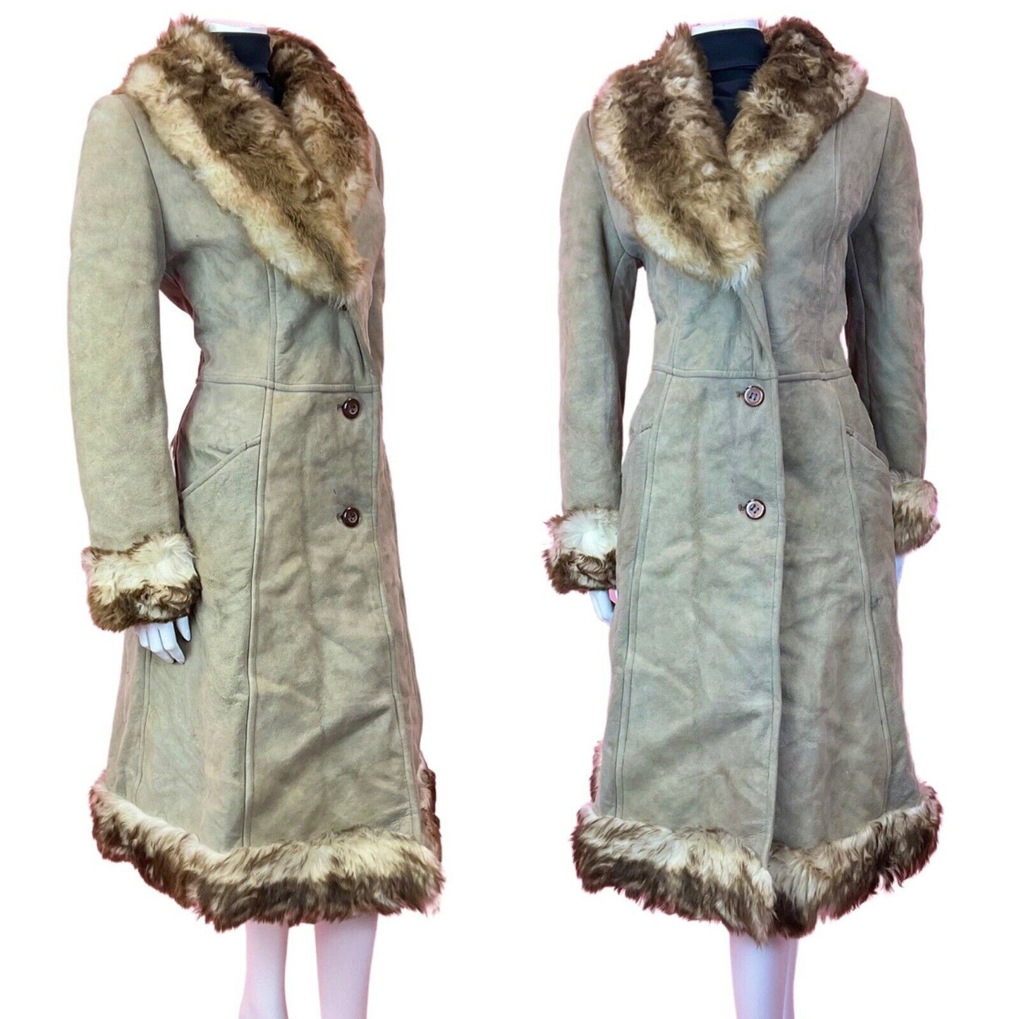 VINTAGE 60s 70s PEANUT BROWN SUEDE LEATHER SHEARLING PRINCESS COAT 12 14