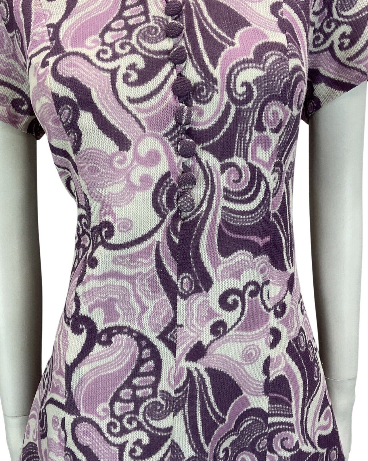 VINTAGE 60S 70S WHITE LILAC PURPLE PSYCHEDELIC BOHO MOD MINI DRESS 12 14