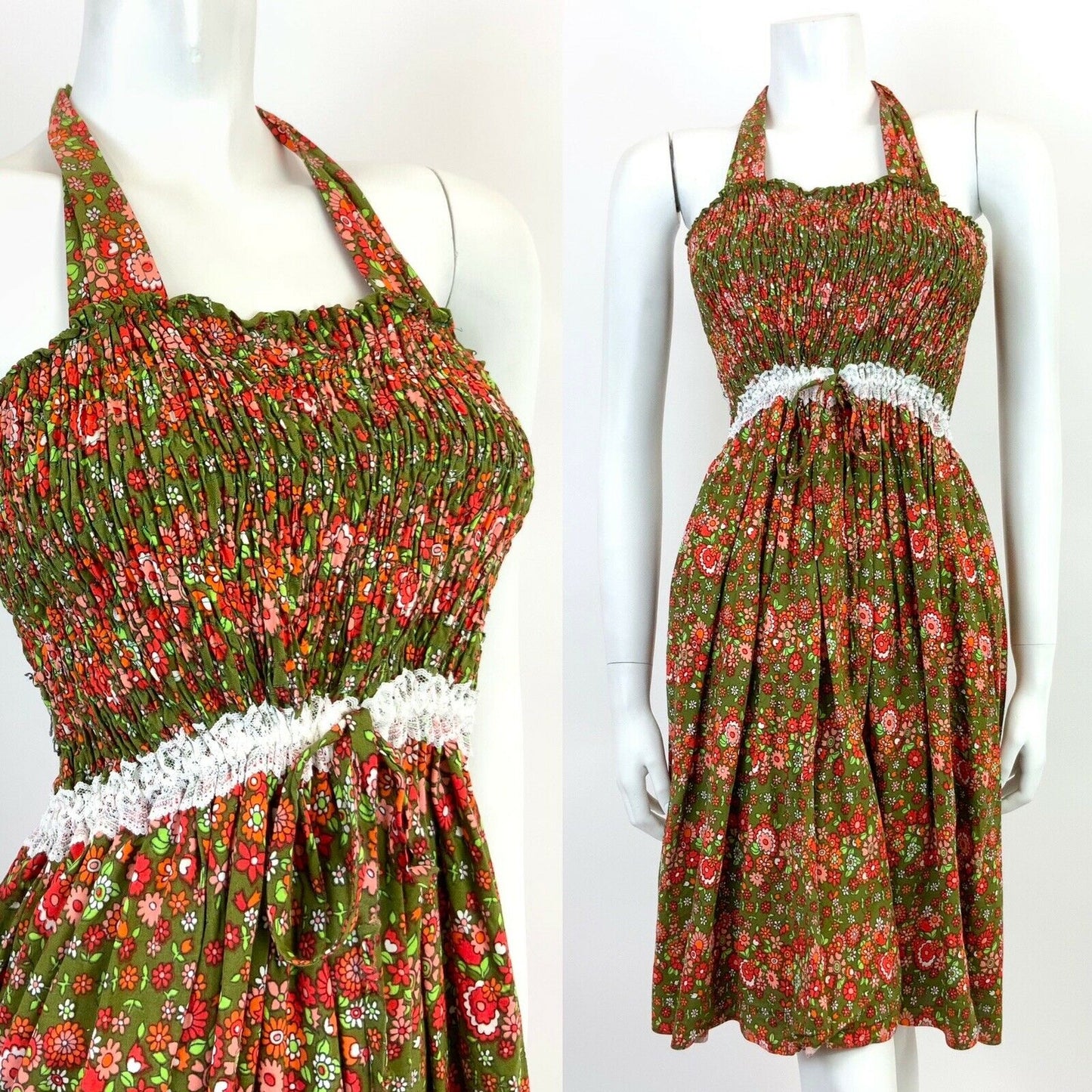 VINTAGE 60s 70s GREEN RED PINK WHITE FLORAL DISTY LACE MOD MINI HALTER DRESS 10