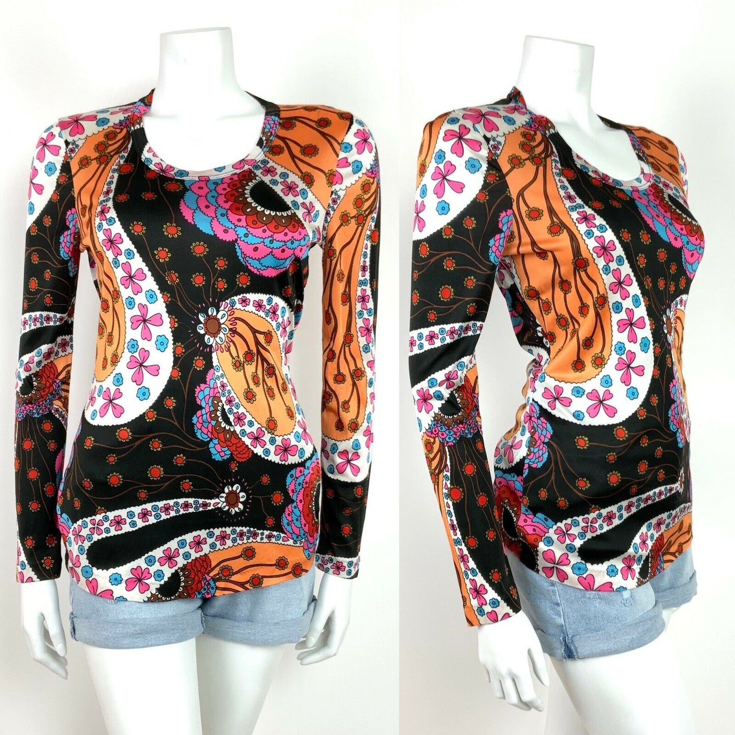 VINTAGE 70s PSYCHEDELIC TOP FLORAL NEON ACID ORANGE BLACK BLUE PINK 12 14